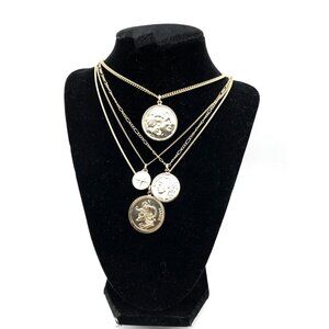 Roman Coin Layered Necklace NWOT Gold Tone Multi Strand Waterfall